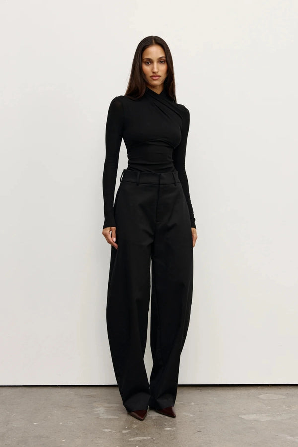 vaTonia Top Black by Bayse – long sleeve top with draped neckline, self-tie detail and waist gathering.