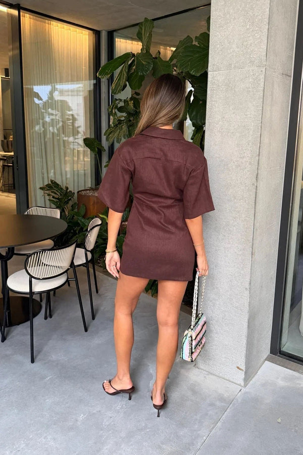 Vida Mini Dress in chocolate brown with short sleeves and a fitted silhouette on a plain white background.