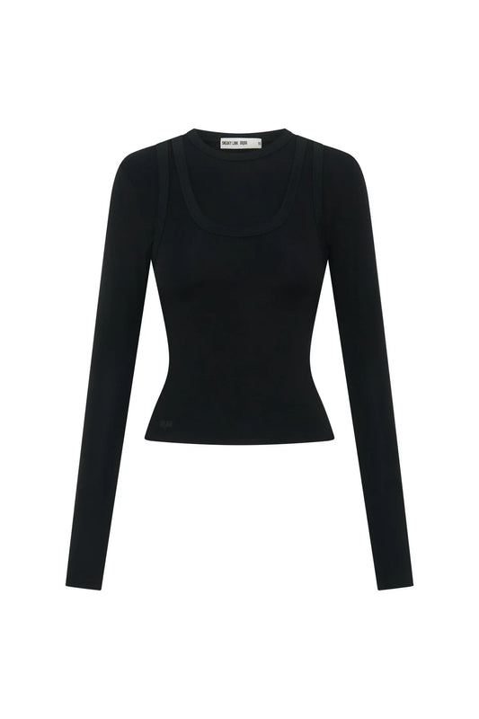 Black Yianni Layered Long Sleeve Top with a fitted silhouette and subtle layered detailing on the sleeves.