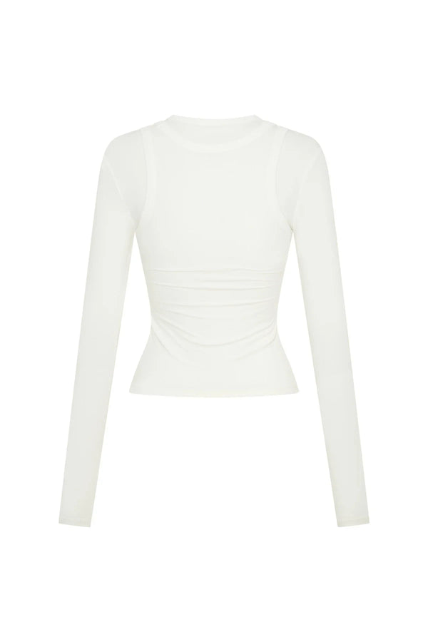 White Yianni Layered Long Sleeve Top with a relaxed fit and subtle layered design on the sleeves.