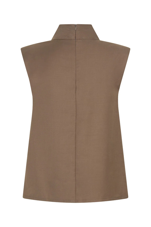 Taupe Zoe turtleneck suit top with long sleeves and a fitted silhouette.