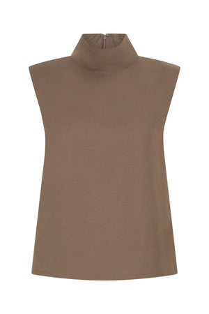 Taupe Zoe turtleneck suit top with long sleeves and a fitted silhouette.