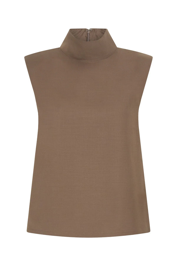 Taupe Zoe turtleneck suit top with long sleeves and a fitted silhouette.
