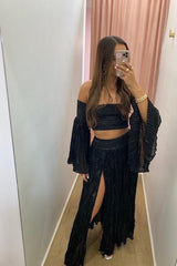 Calypso Skirt Black Gold by D Artemide, maxi skirt with shirred waist and front split. Perfect for beach days or effortless summer looks.