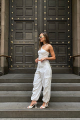 Cargo Link Pants White by Sneaky Link, versatile low-rise cargo pants with adjustable waist and hem ties for a laid-back or cuffed streetwear look.
