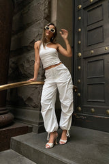 Cargo Link Pants White by Sneaky Link, versatile low-rise cargo pants with adjustable waist and hem ties for a laid-back or cuffed streetwear look.