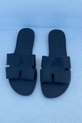H Sandals Black by Girls With Gems, leather slide sandals with H strap, perfect for everyday casual styling