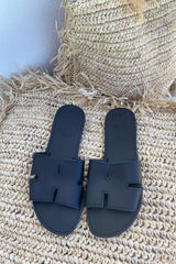 H Sandals Black by Girls With Gems, leather slide sandals with H strap, perfect for everyday casual styling