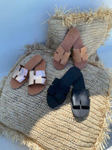 H Sandals Black by Girls With Gems, leather slide sandals with H strap, perfect for everyday casual styling