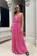 Lefkothea Dress Pink by D'Artemide – One-size cotton dress with halter tie, deep V neckline, back cut and centre split.