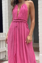 Lefkothea Dress Pink by D'Artemide – One-size cotton dress with halter tie, deep V neckline, back cut and centre split.