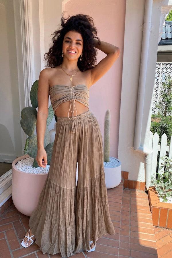 Ruched Tube Top Mocha by D’Artemide, Cotton tube top with ruched back and tie front, perfect for warm-weather layering or resort pairings.