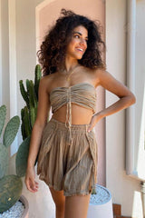 Ruched Tube Top Mocha by D’Artemide, Cotton tube top with ruched back and tie front, perfect for warm-weather layering or resort pairings.