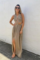 Artemis Dress Tobacco by D'Artemide – One-size cotton dress with halter tie, midsection cutouts, and a bold front split.