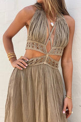 Artemis Dress Tobacco by D'Artemide – One-size cotton dress with halter tie, midsection cutouts, and a bold front split.