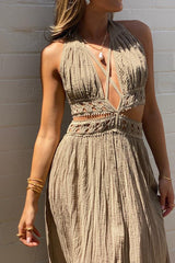 Artemis Dress Tobacco by D'Artemide – One-size cotton dress with halter tie, midsection cutouts, and a bold front split.