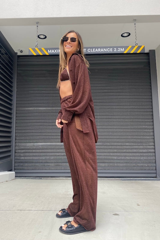 Lumière Pants Chocolate by Oséree, shimmering high-waist tailored pants with fluid drape for elevated resort and evening looks.