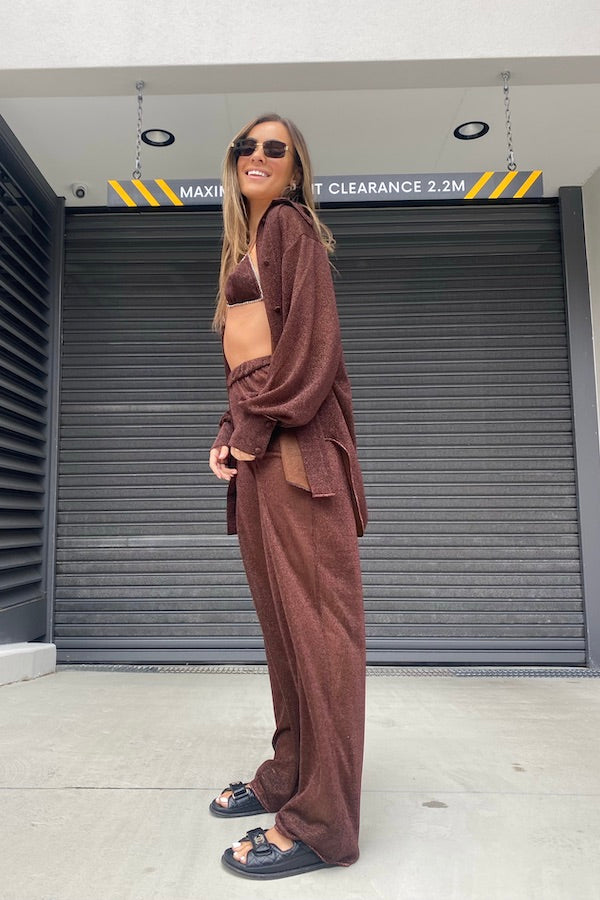 Lumière Pants Chocolate by Oséree, shimmering high-waist tailored pants with fluid drape for elevated resort and evening looks.