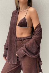 Lumière Pants Chocolate by Oséree, shimmering high-waist tailored pants with fluid drape for elevated resort and evening looks.