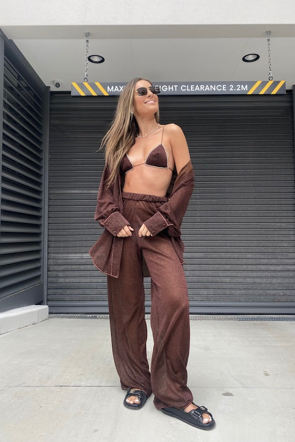 Lumière Pants Chocolate by Oséree, shimmering high-waist tailored pants with fluid drape for elevated resort and evening looks.