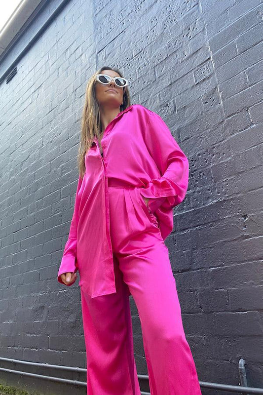 Relaxed Silk Boy Pant Pink by Michael Lo Sordo, silk wide leg pants with pleated front. Perfect for events or elevated outfits.