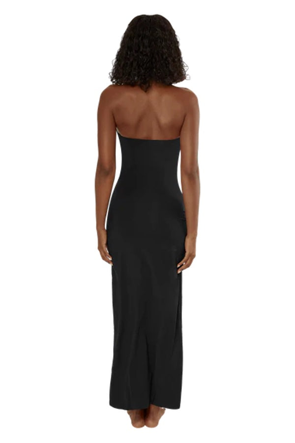 Veranera Dress Black by Maygel Coronel – One-size maxi dress with floral ruffles, knot tie, and cutout waist in sleek black.
